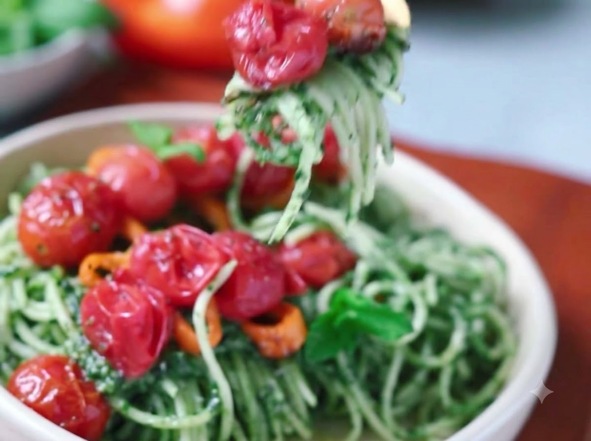Spaghetti noodles being thoroughly stirred and mixed with the spinach pesto sauce using metal tongs.