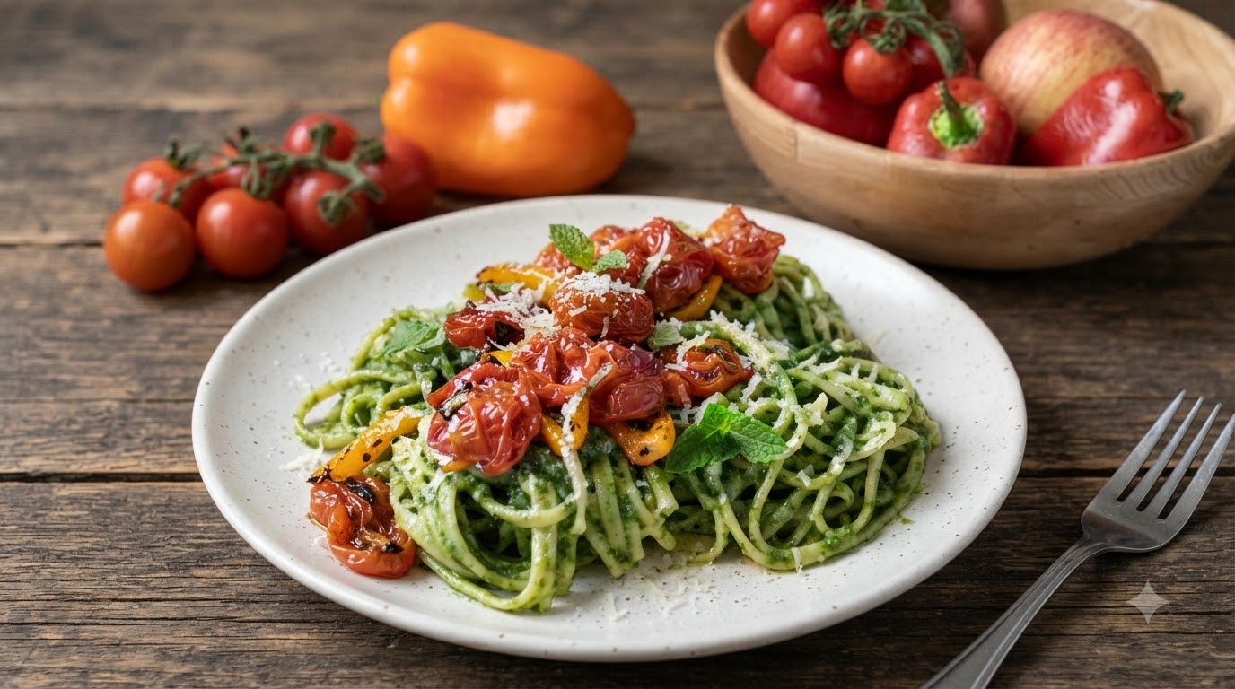 Spring Spinach Pesto Pasta with Roasted Cherry Tomatoes and Bell Peppers