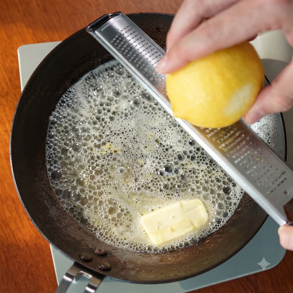 Close-up of a person grating yellow lemon zest using a microplane tool directly over melted butter sizzling in a skillet.