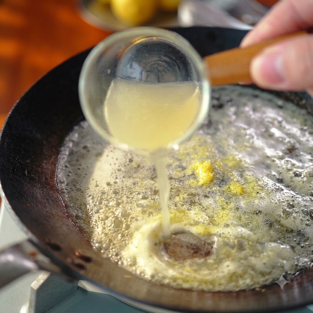 Fresh lemon juice being poured from a small glass vessel into a sizzling skillet with butter and lemon zest.