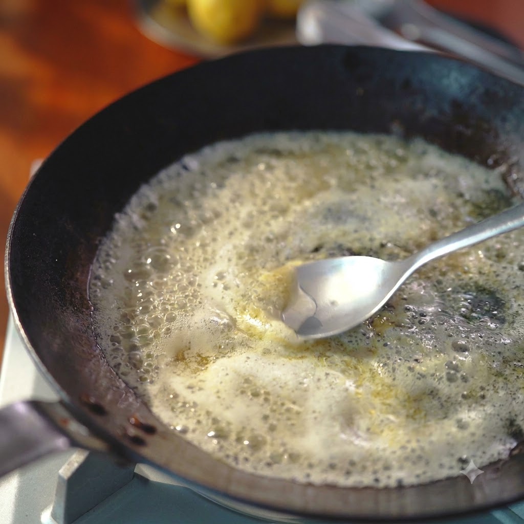 A metal spoon stirring a bubbling mixture of melted butter and lemon juice in a dark skillet on a stovetop.
