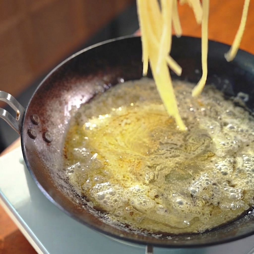 Cooked spaghetti noodles being lifted and added into a skillet with sauce using metal tongs.