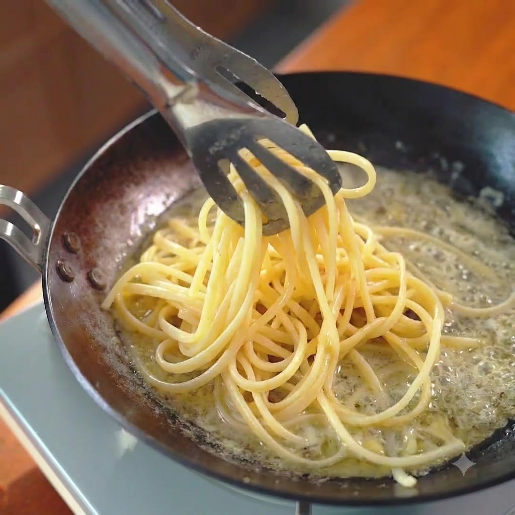 Spaghetti noodles being tossed with green basil pieces in a pan using metal tongs.
