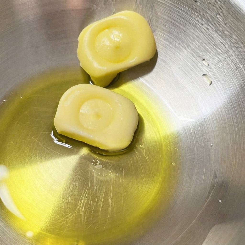 Olive oil pooled at the bottom of a stainless steel bowl alongside two solid pieces of butter.