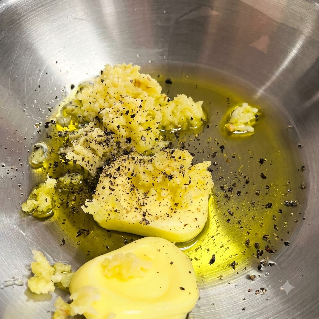 Freshly pressed garlic and cracked black pepper sitting atop the butter and oil in the mixing bowl.