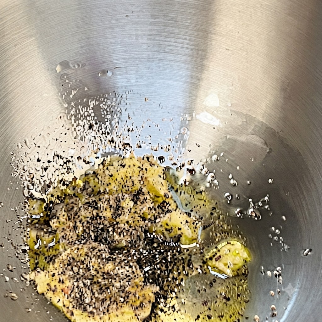Hot pasta water being poured into the stainless steel bowl containing the butter, oil, garlic, and pepper mixture.