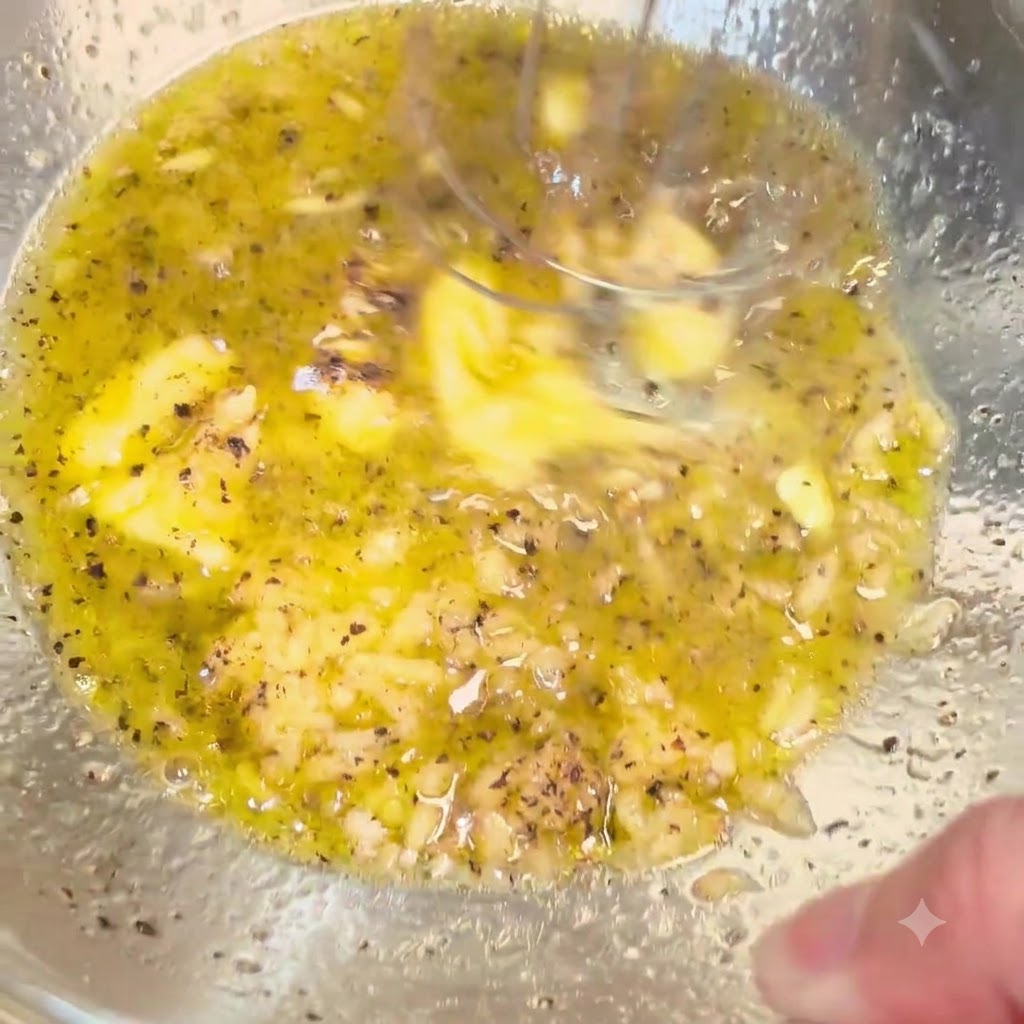 A wire whisk blending the melted butter, oil, and spices into a smooth yellowish sauce inside the bowl.