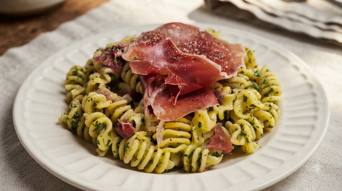 A plate of butter and herb spiral pasta topped with an artfully folded slice of raw prosciutto ham and cracked black pepper.