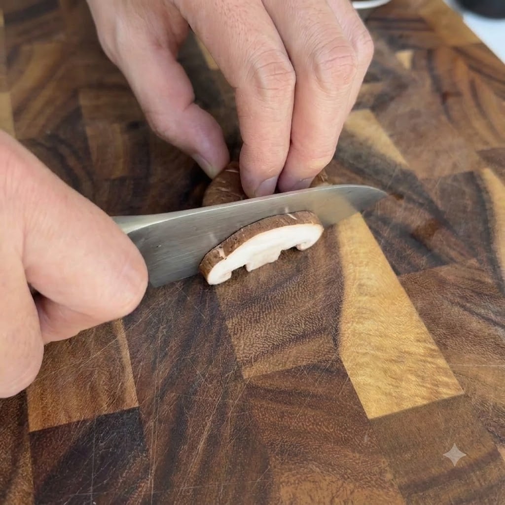 Shiitake mushrooms being cut into thick slices on a wooden cutting board.