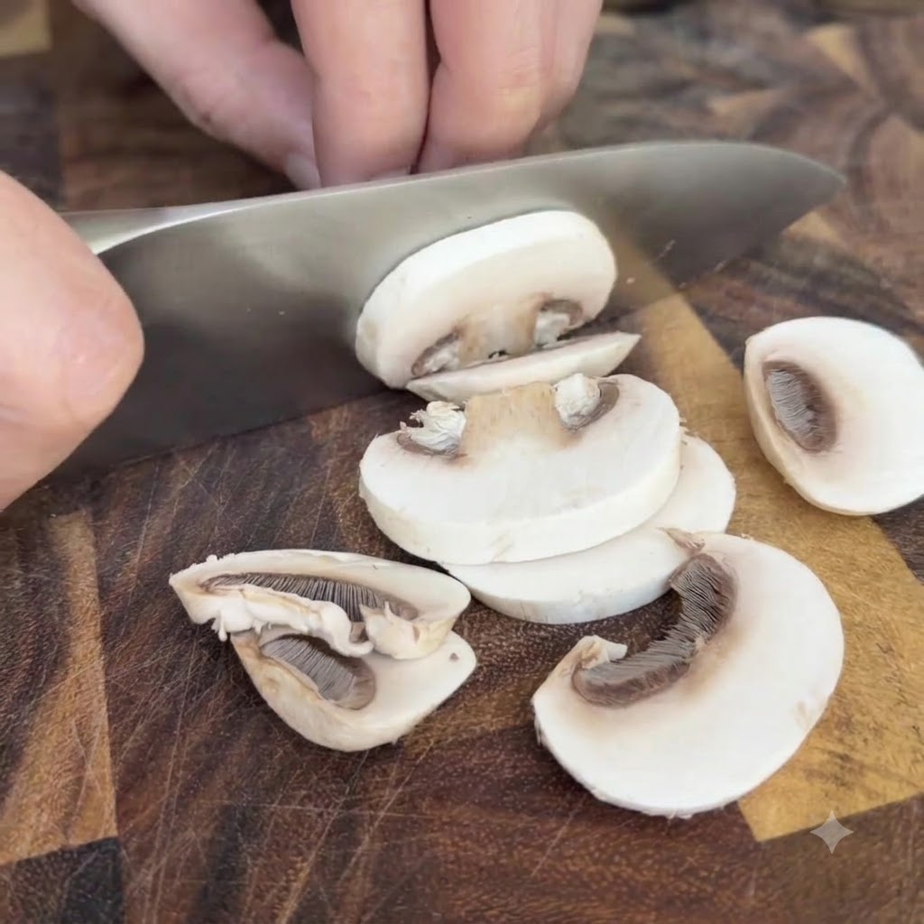 White button mushrooms being sliced into thick pieces on a wooden board.