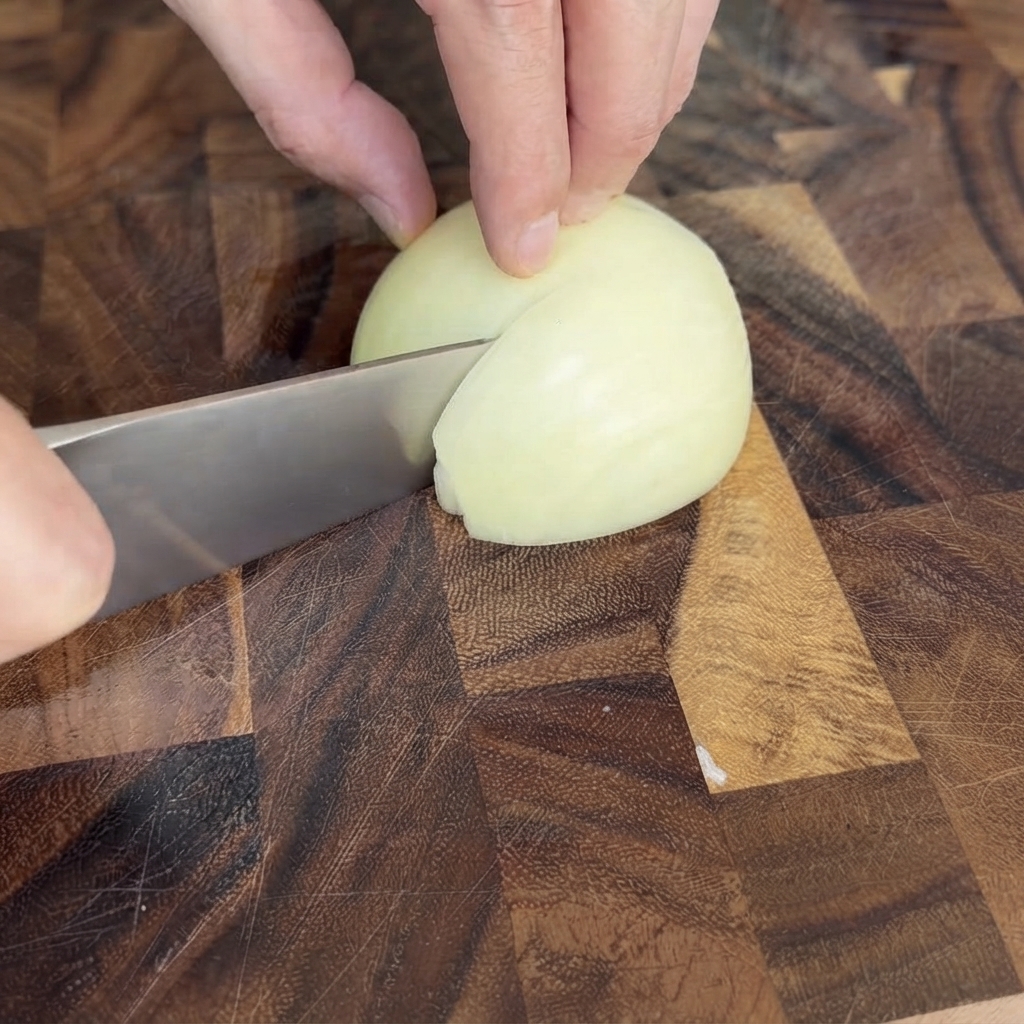 Half a white onion being finely diced on a wooden cutting board.
