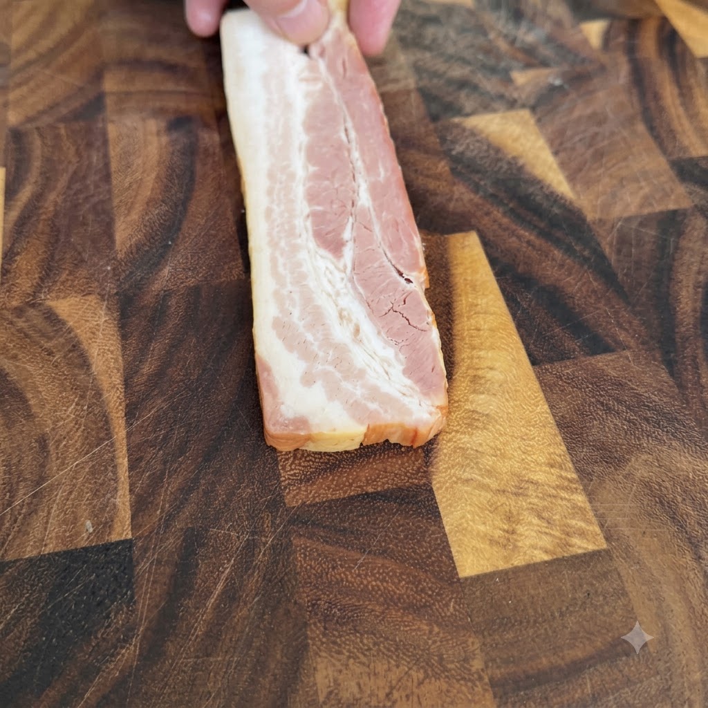 A strip of bacon being sliced into small pieces on a wooden cutting board.