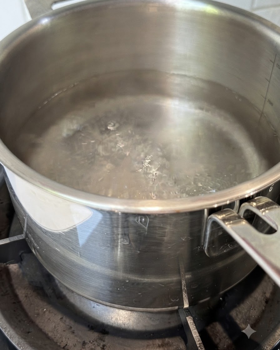 Dry spaghetti noodles being lowered into a pot of boiling water.