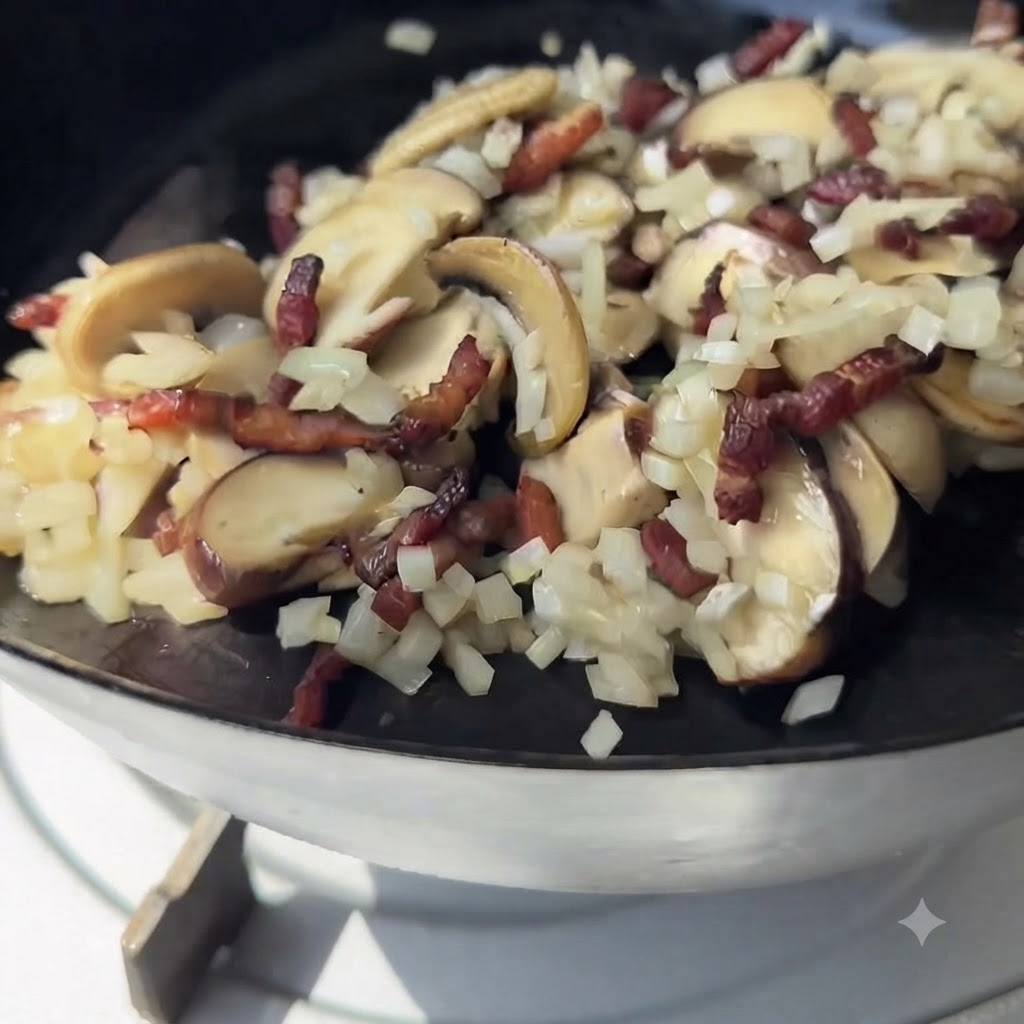 A close-up of white wine being poured over a mixture of mushrooms, onions, and bacon inside a pan.