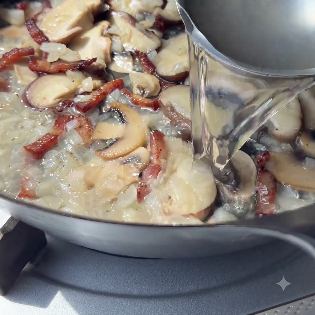 A metal ladle pouring starchy pasta water into a skillet filled with sliced mushrooms, onions, and bacon.