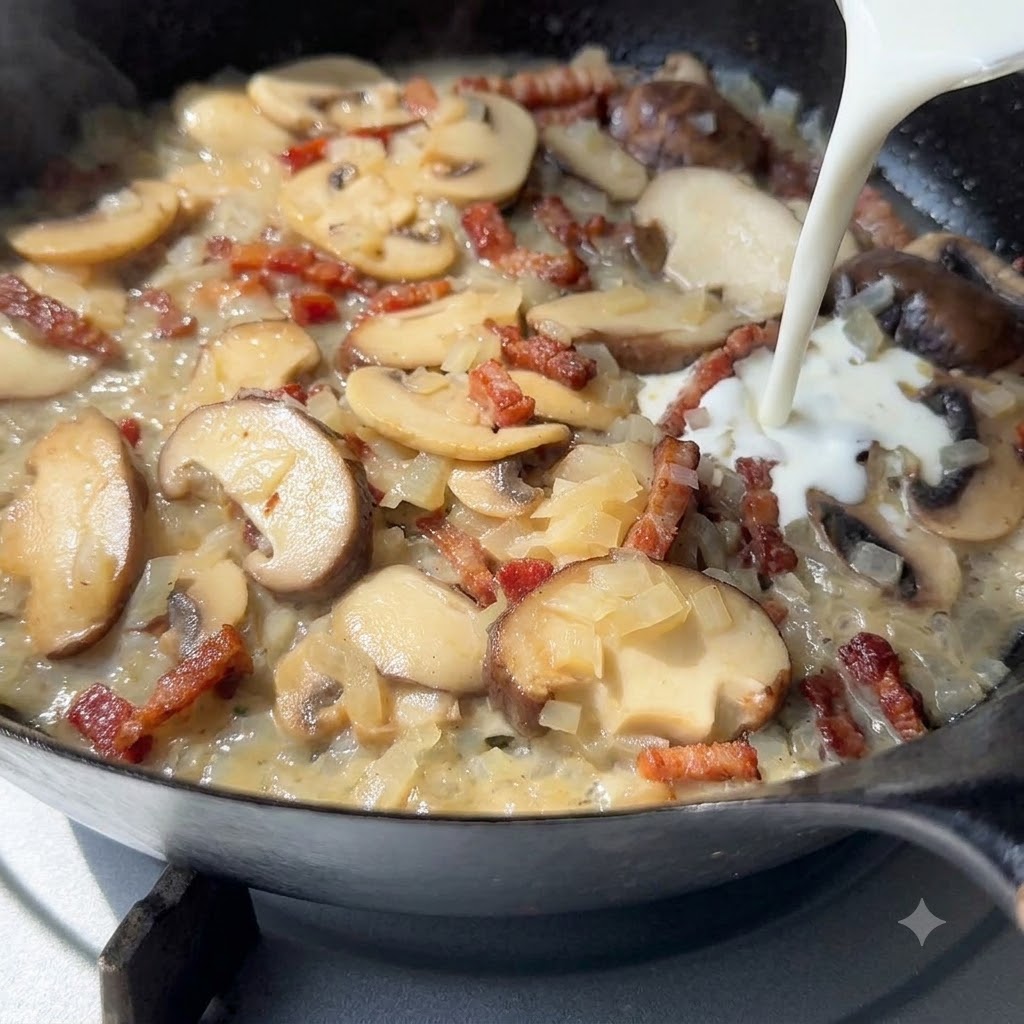 Heavy cream being poured from a white pitcher into a skillet containing sliced mushrooms and onions.