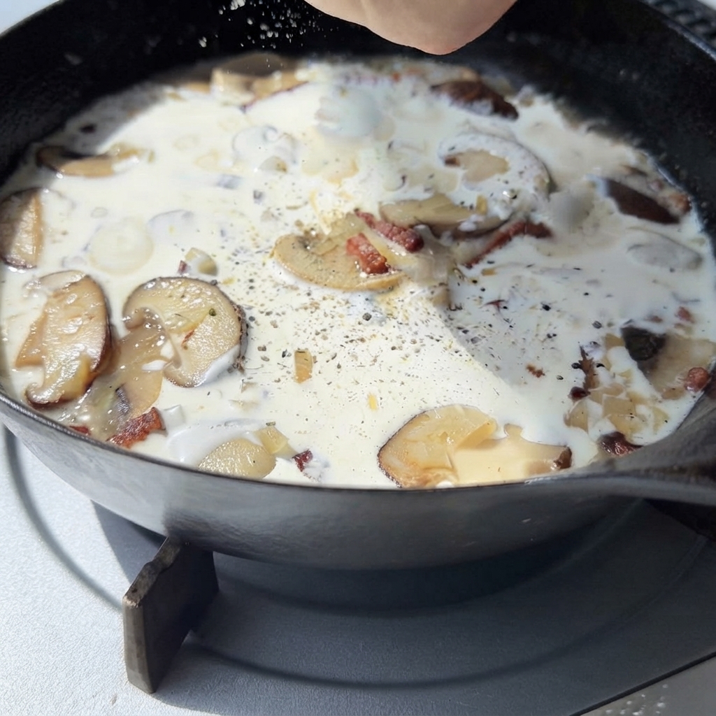 Black pepper flakes being sprinkled from a grinder onto a creamy mushroom sauce inside a skillet.