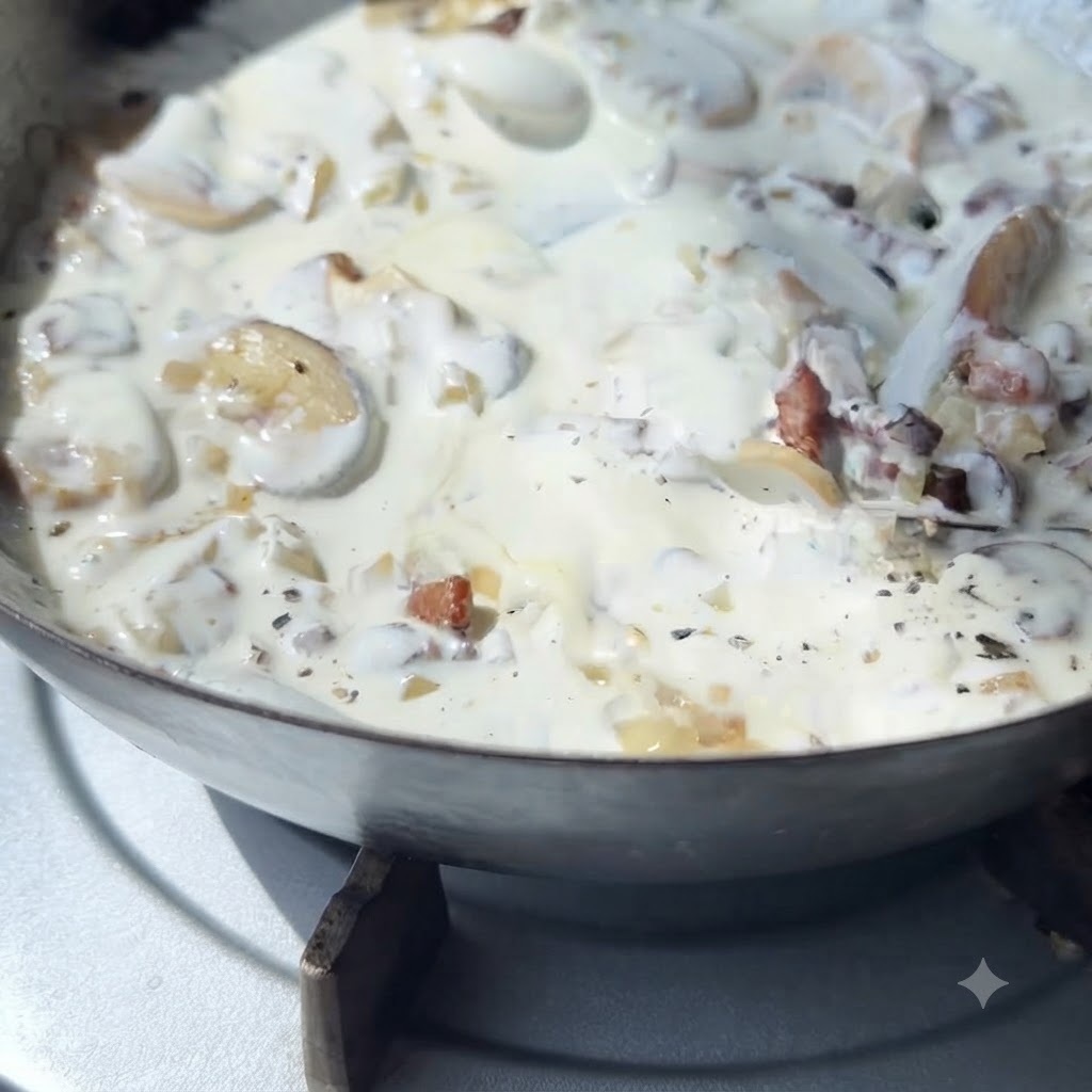Heavy cream simmering in a pan with sautéed mushrooms, onions, and crispy bacon pieces.