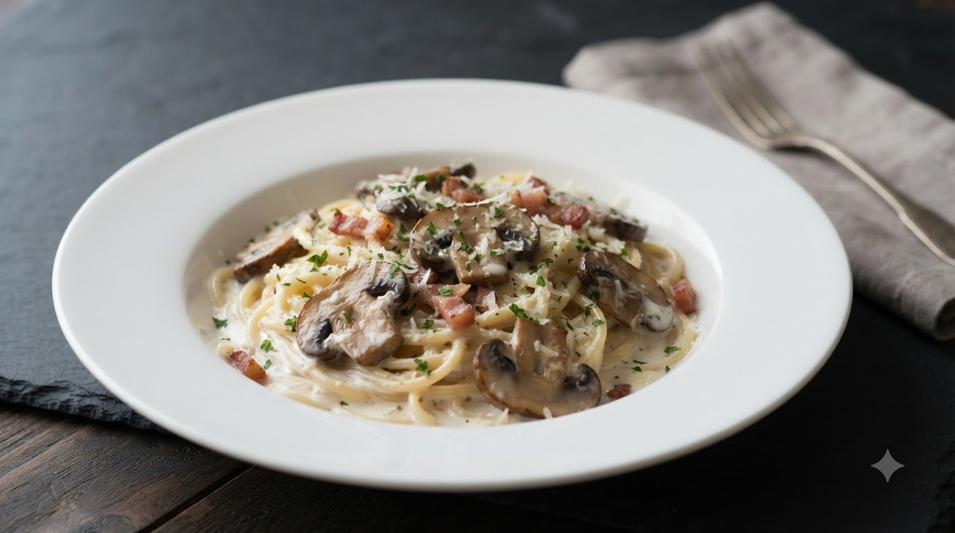 Creamy Mushroom and Bacon Spaghetti