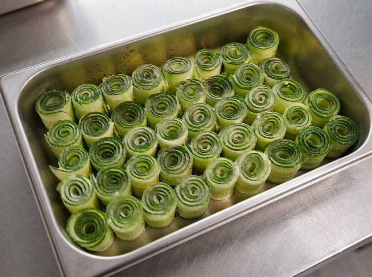 A top-down view of numerous rolled cucumber strips neatly packed inside a stainless steel hotel pan.