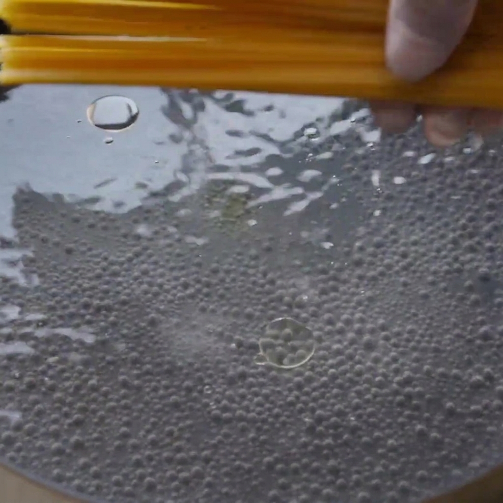 Dry spaghetti pasta being dropped into a large pot of bubbling hot water.