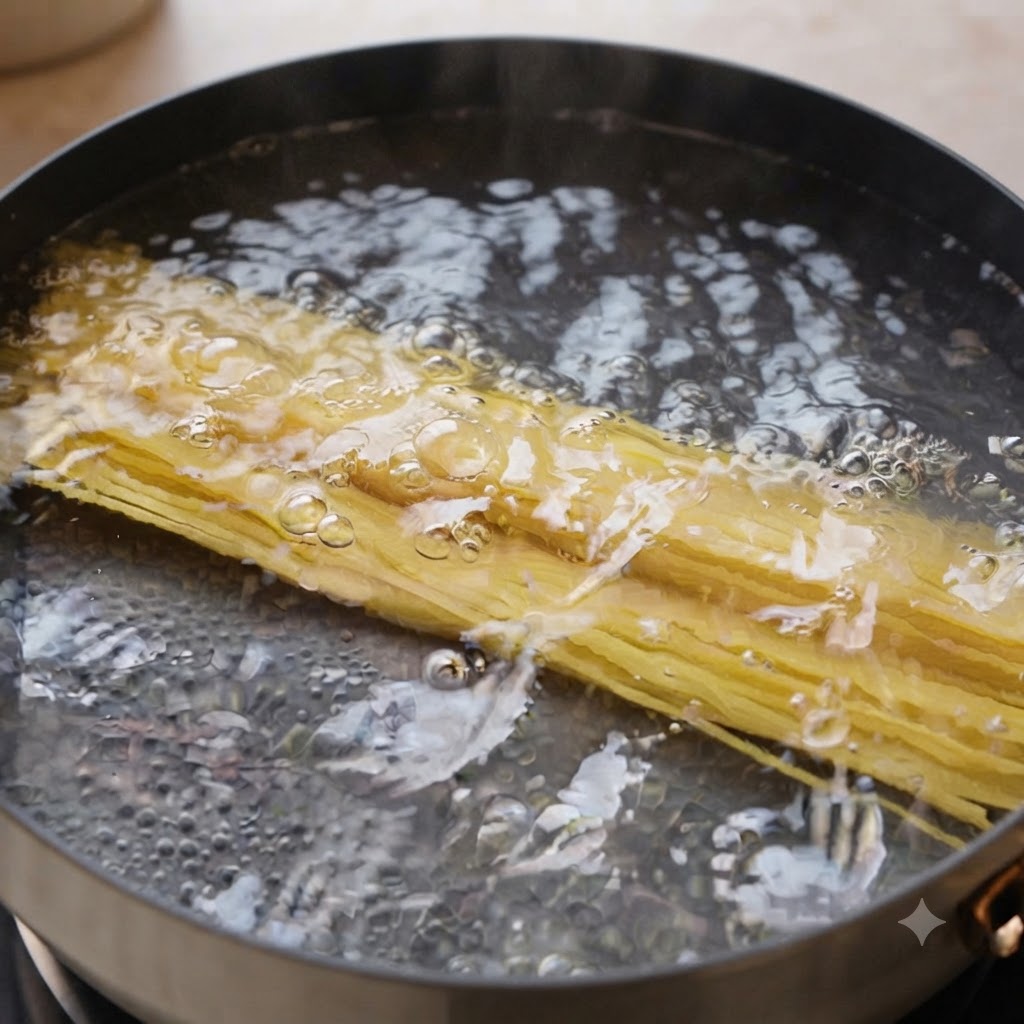 Dry spaghetti noodles submerging and boiling in a pot of hot bubbling water.