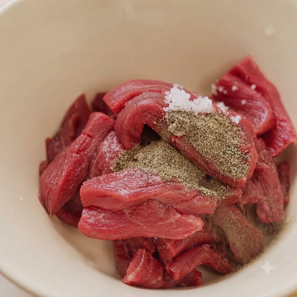 A close-up of raw beef strips inside a beige bowl, topped with visible layers of salt, sugar, and ground black pepper.