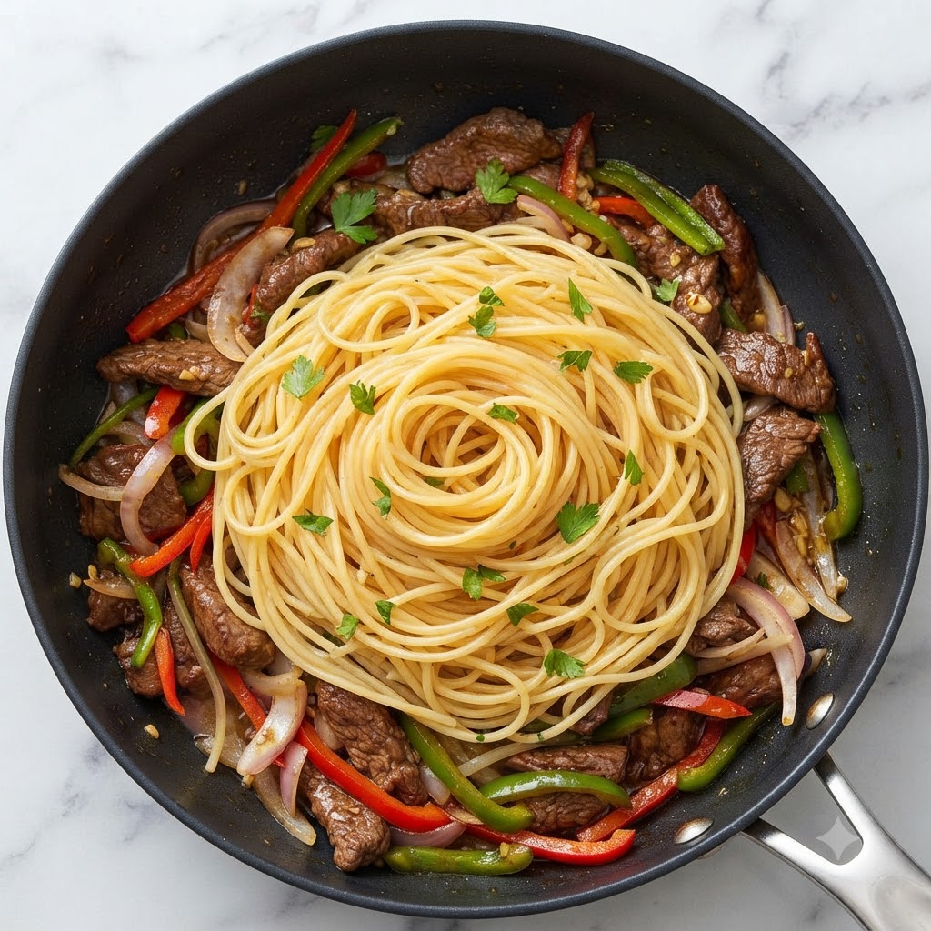 A top-down view of cooked spaghetti noodles nestled among beef and sliced peppers in a large frying pan.