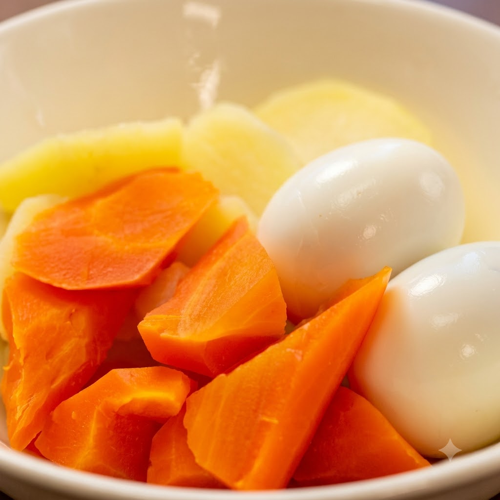 A white bowl containing chunks of steamed potatoes, carrots, and peeled eggs being topped with dressing.