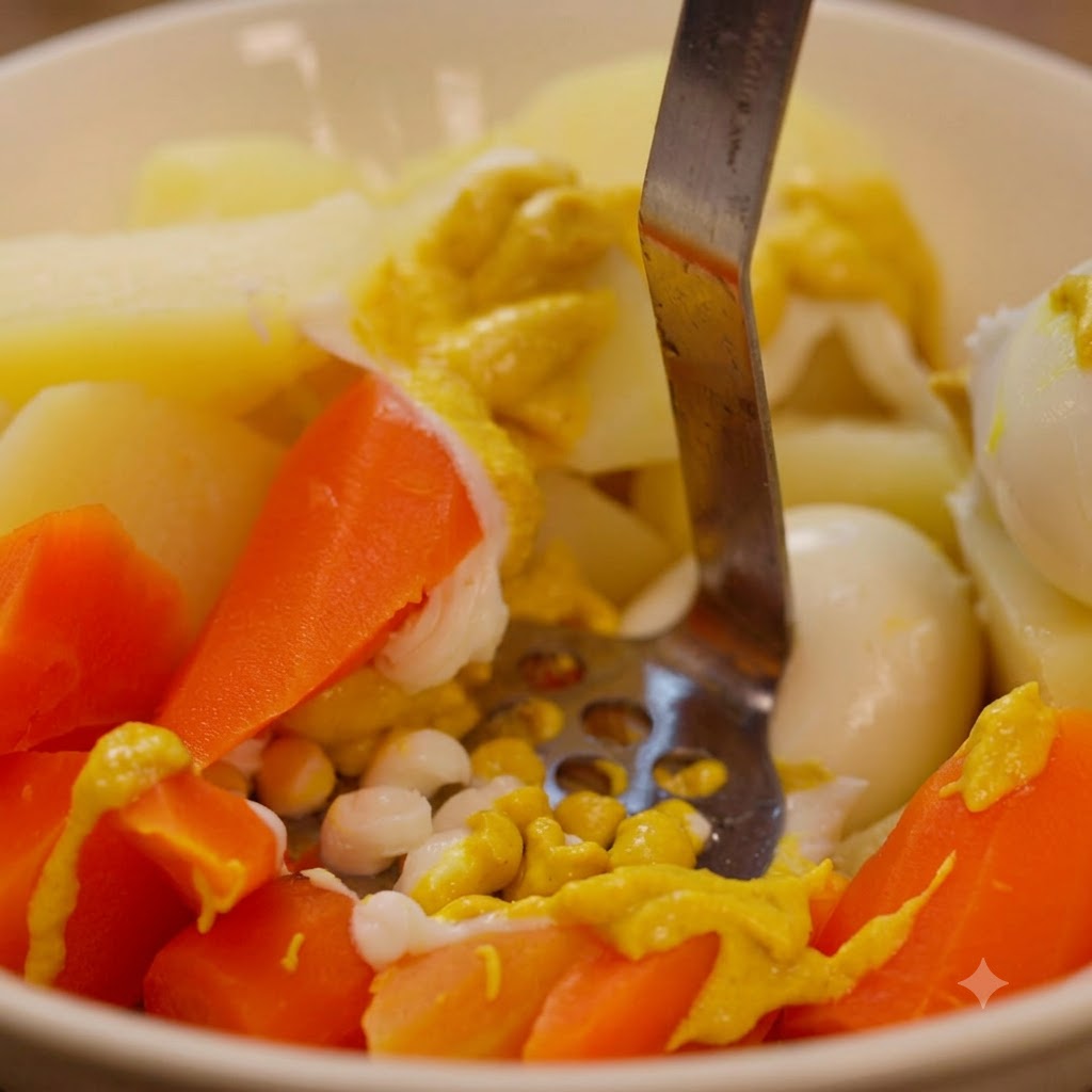 Boiled potatoes, carrots, and eggs being mashed with a metal tool in a bowl.