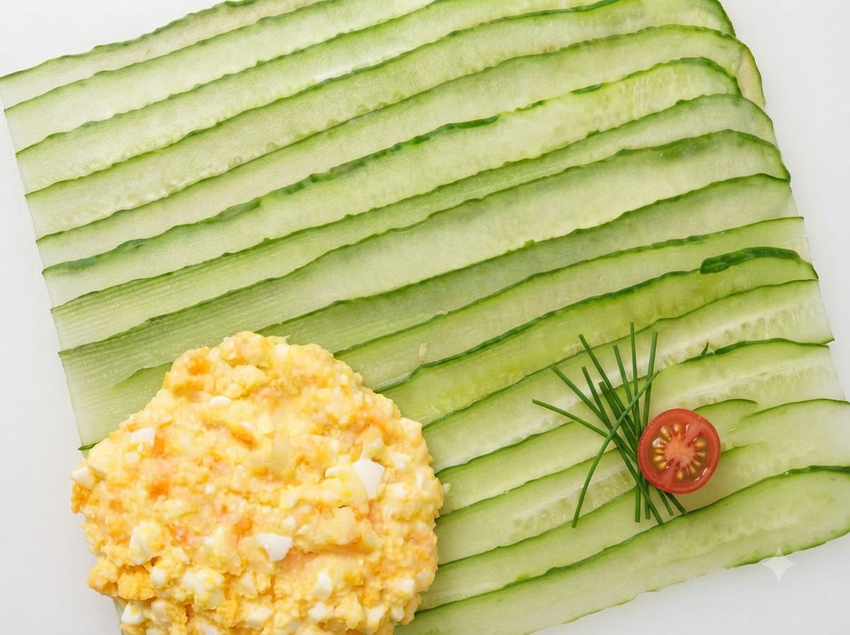 Mashed potato and egg salad being spread onto a flat layer of green cucumber strips.
