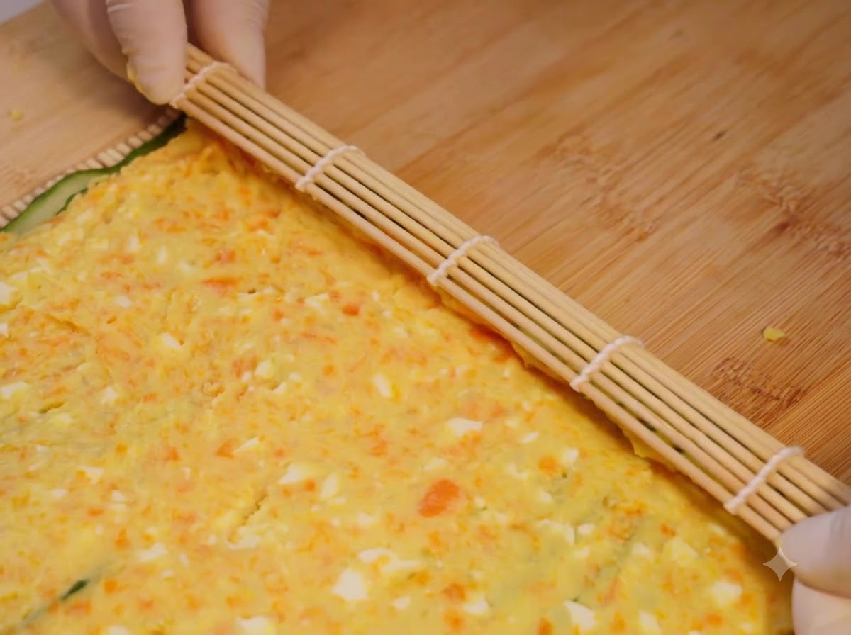 A bamboo sushi mat being used to tightly roll up the layered cucumber and potato salad.