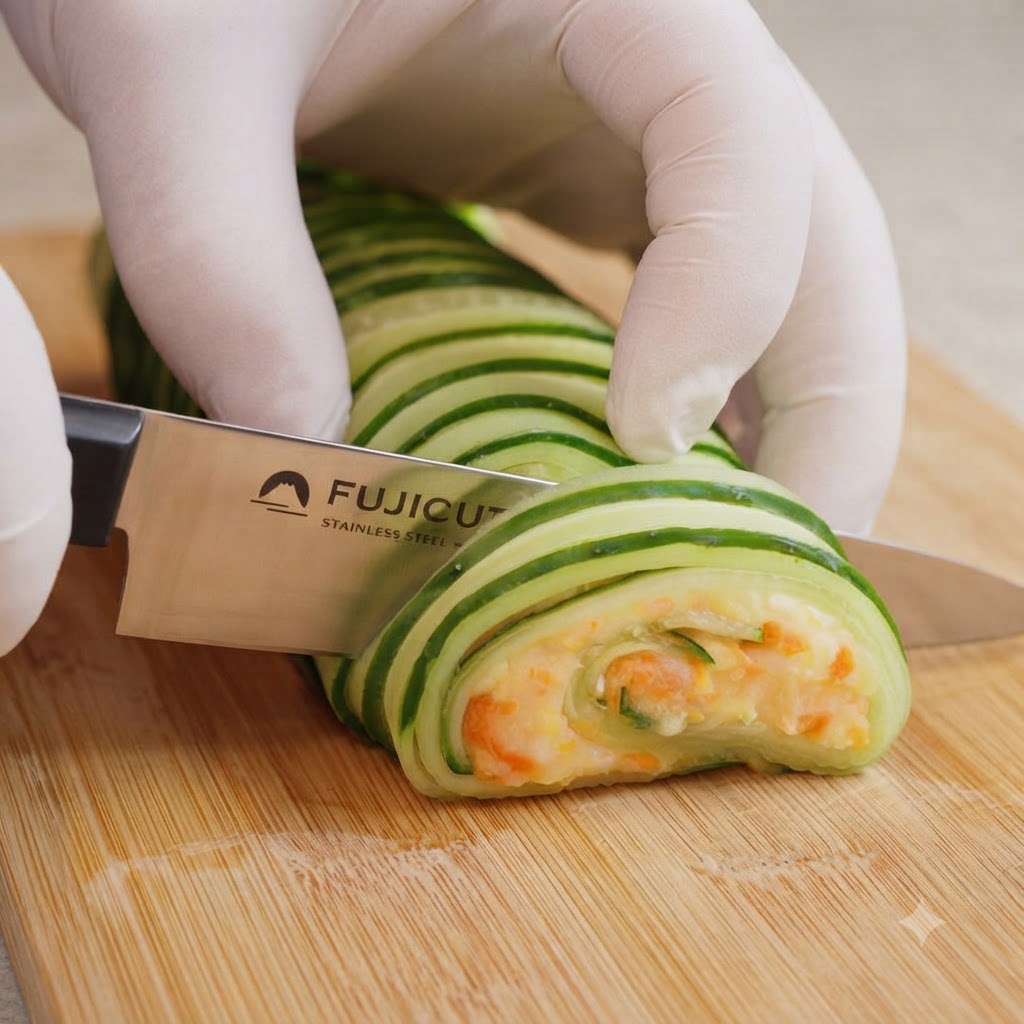 A sharp knife slicing through a rolled cucumber and potato salad log on a cutting board.