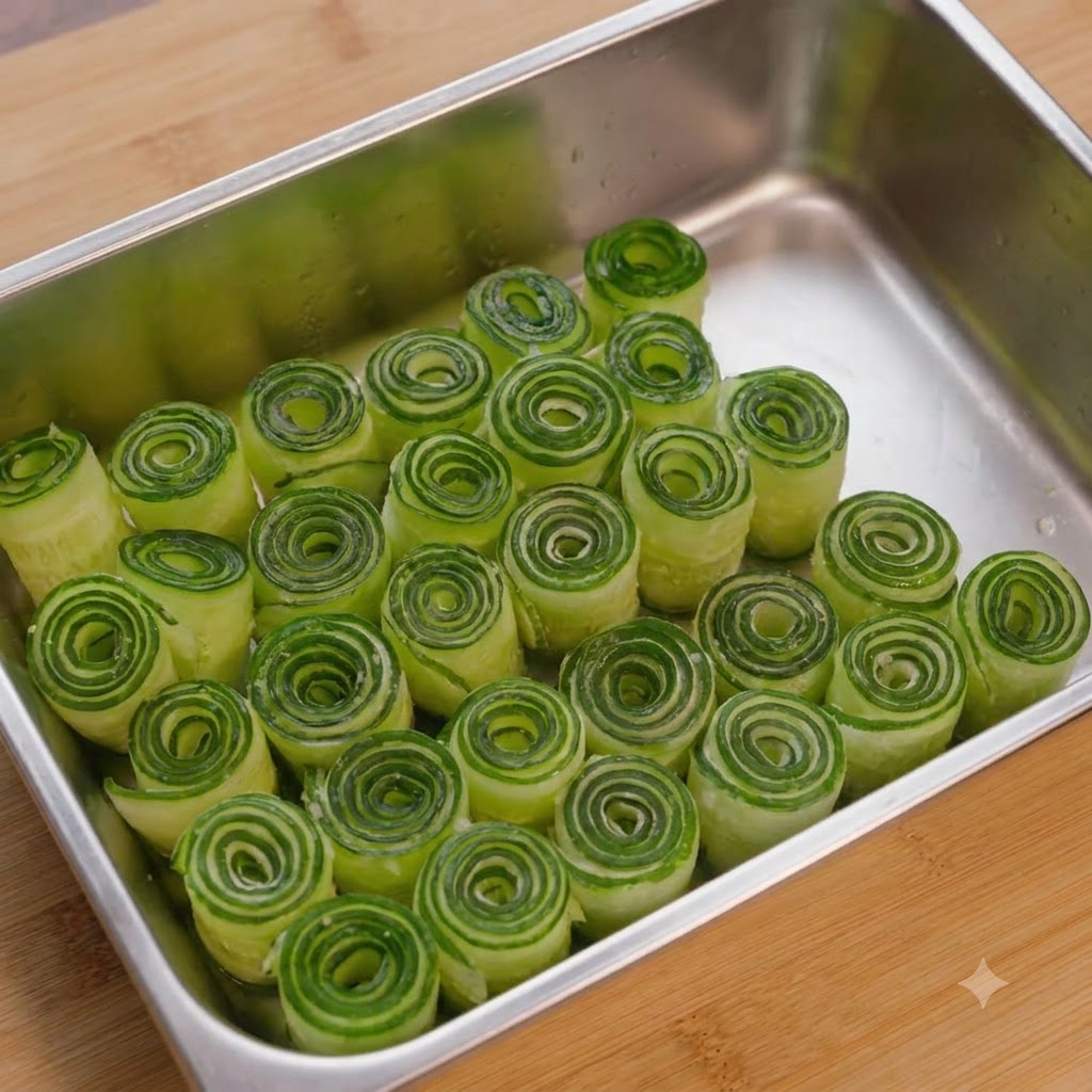 Chilled cucumber rolls placed inside a clear food processor bowl.