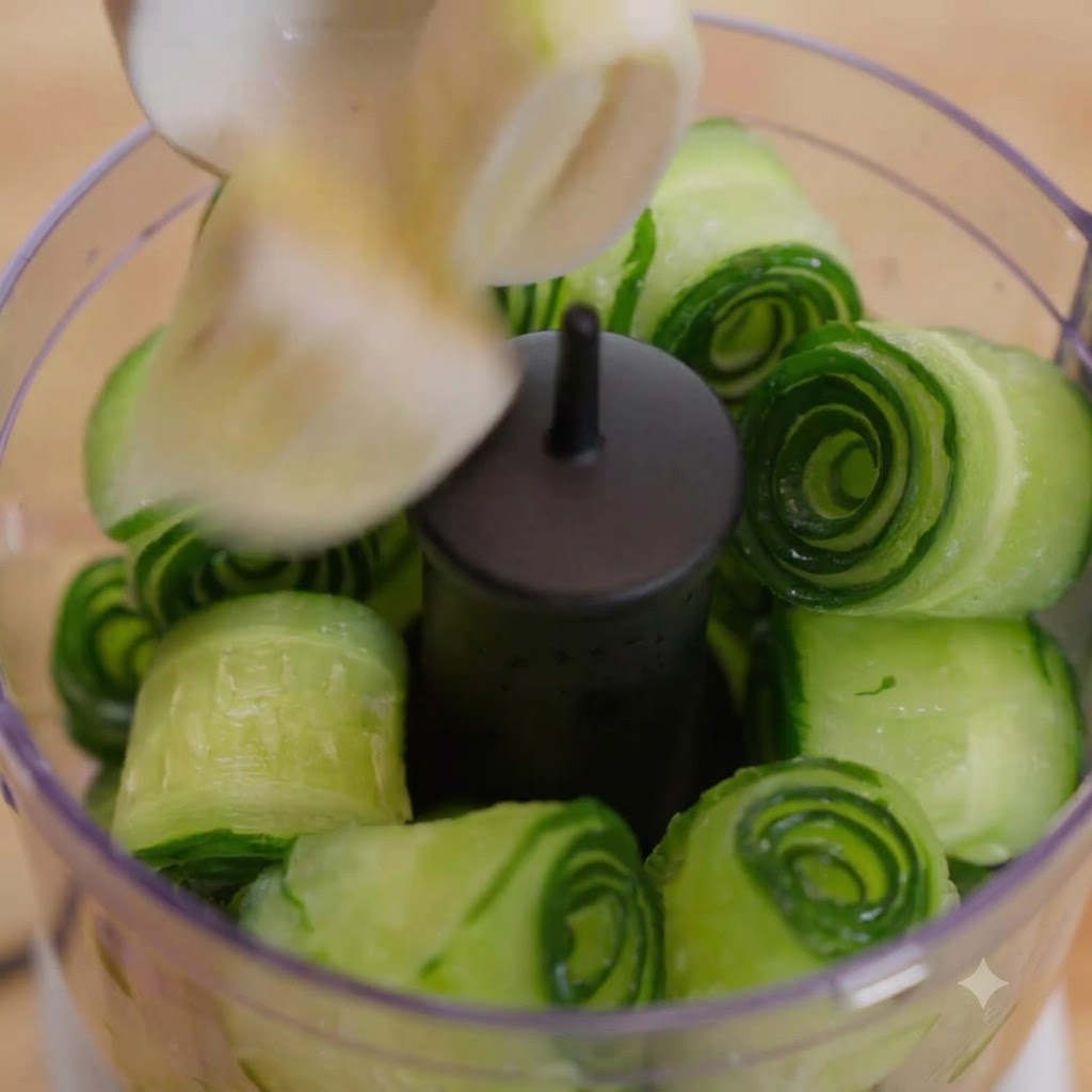 A close-up of a food processor blending cucumber rolls and lemon into a green puree.