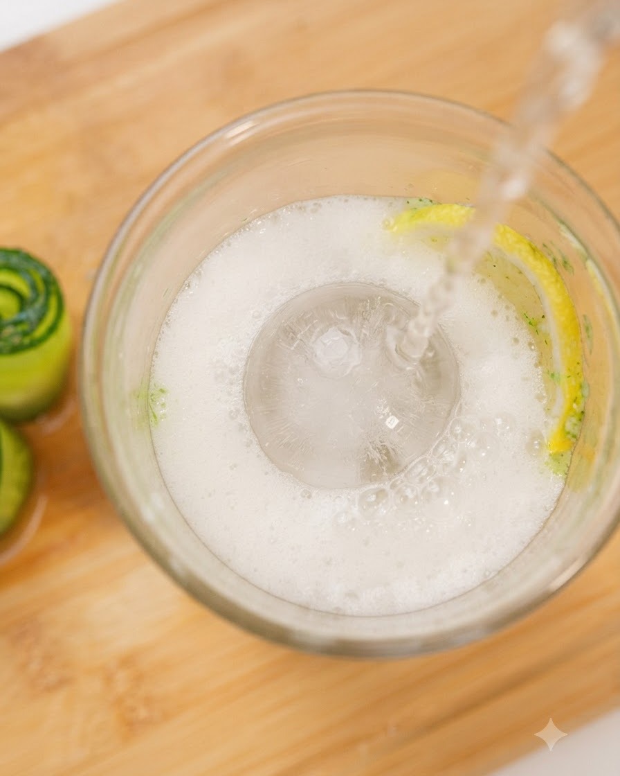 Sprite being poured over an ice sphere, lemon slice, and cucumber puree in a glass.