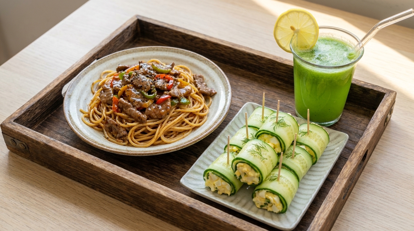 Black Pepper Beef Steak Pasta with Cucumber Salad Rolls and Cucumber Drink