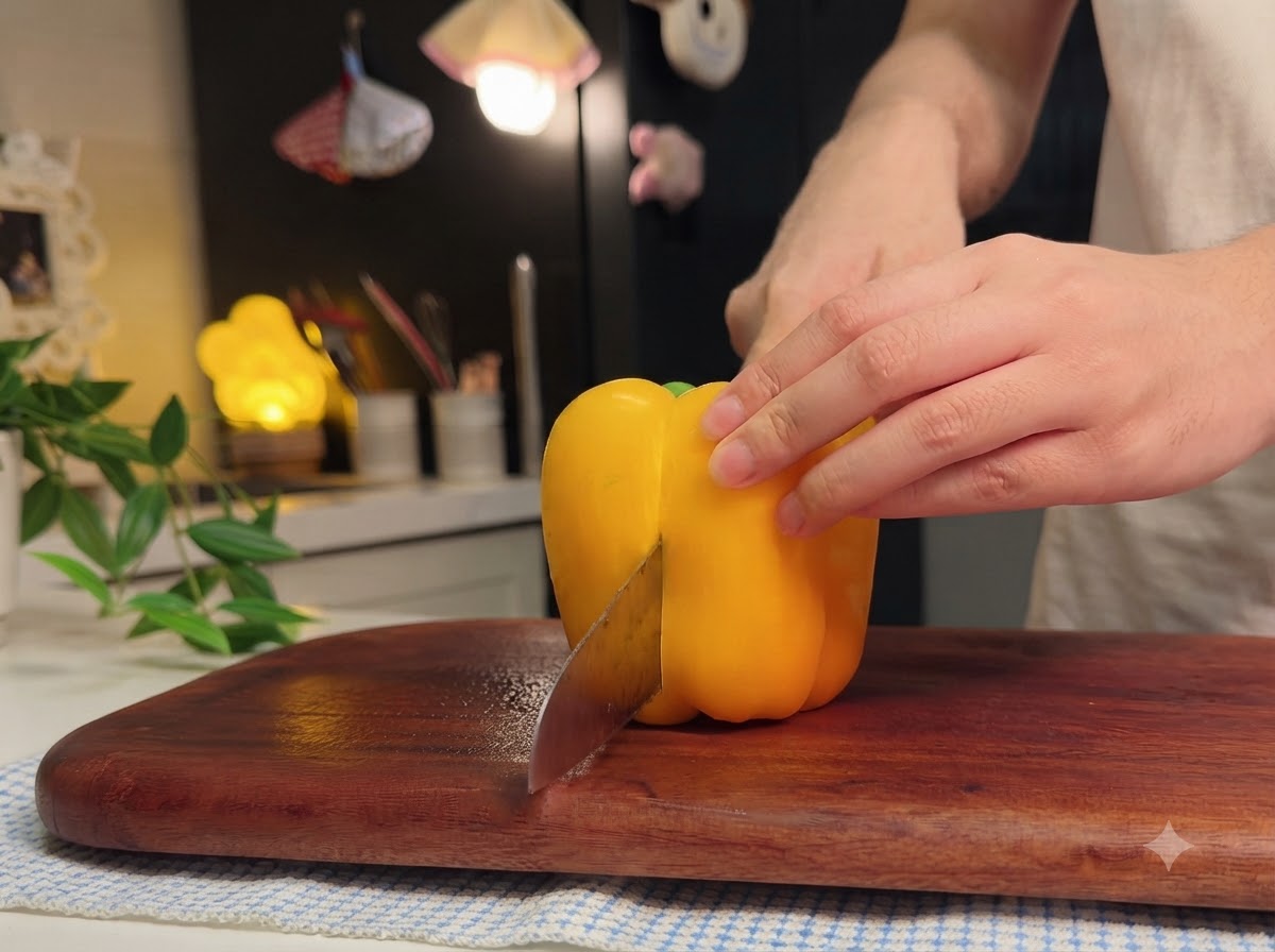 A yellow bell pepper being sliced into uniform strips on a wooden cutting board.