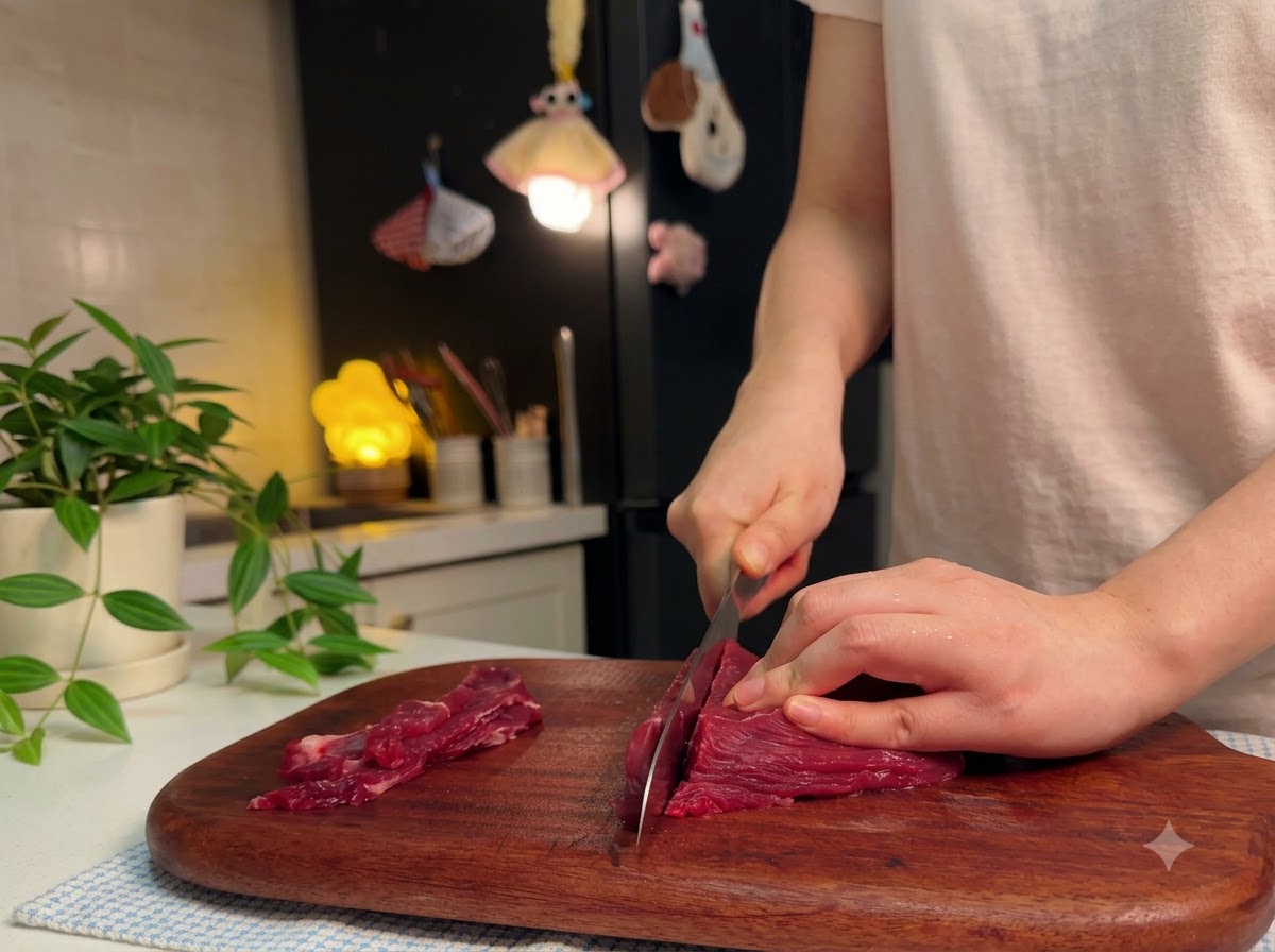 Beef tenderloin being sliced into thin strips on a wooden cutting board.