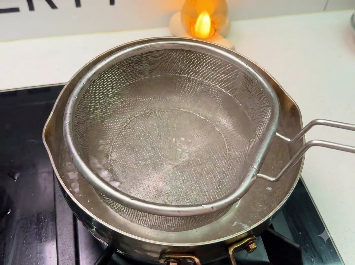 A strainer placed inside a pot of boiling water ready for cooking pasta.