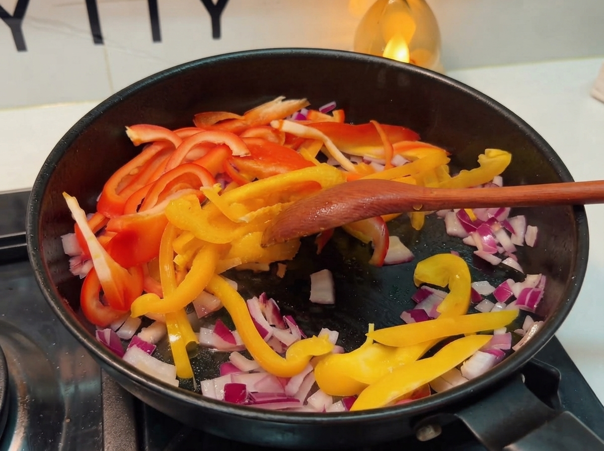 Red onions and colorful bell peppers being stir-fried in a black pan with a wooden spoon.
