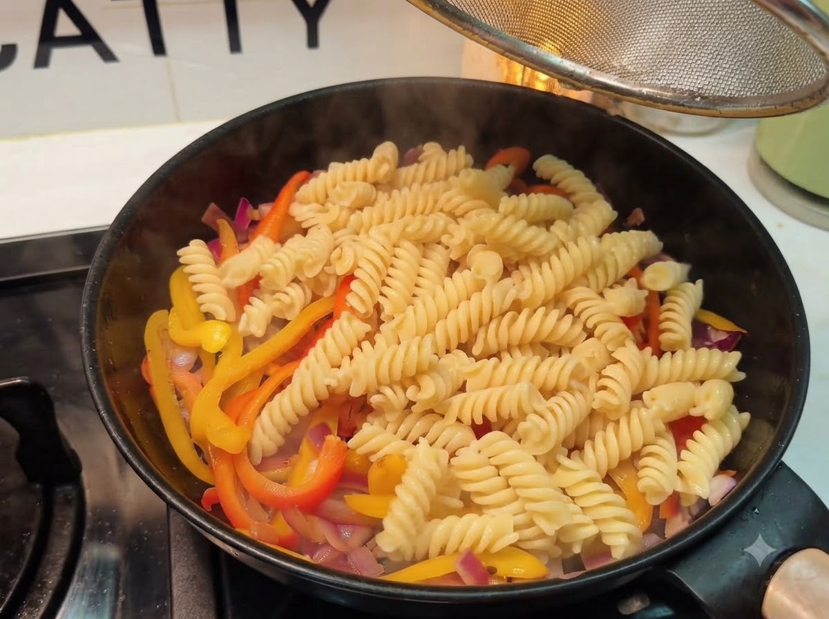 Spiral fusilli pasta being poured into the pan over the cooked vegetable mixture.