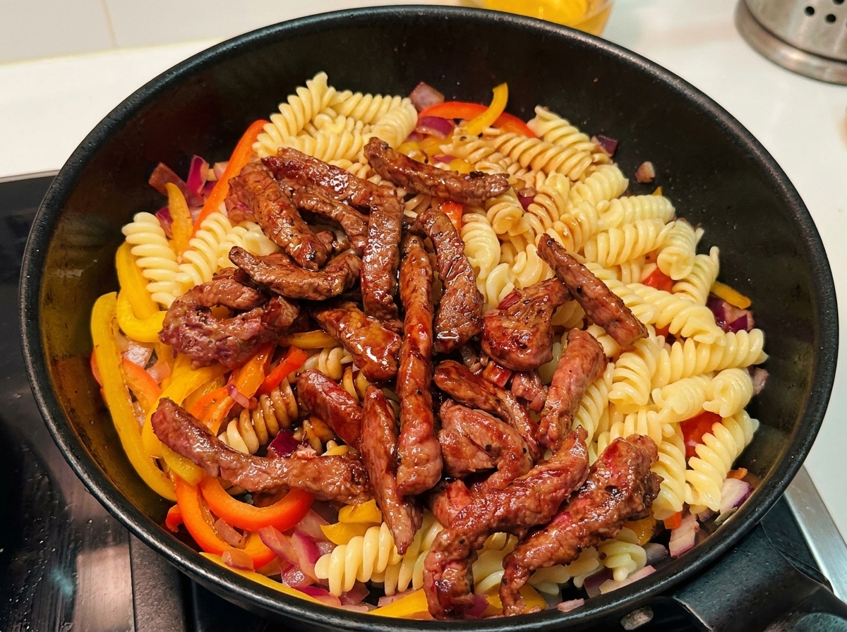 Rich brown sauce being poured into a frying pan filled with cooked spiral pasta, sliced beef, and colorful bell peppers.