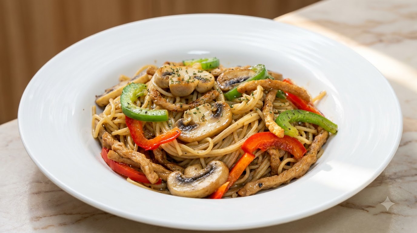 Black Pepper Spaghetti with Plant-Based Protein Strips