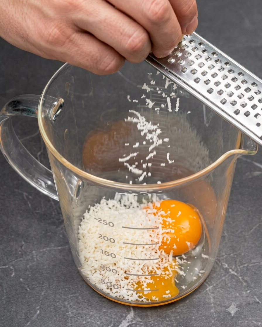 A hand using a metal grater to shred Parmigiano-Reggiano cheese directly onto an egg yolk inside a glass measuring cup.