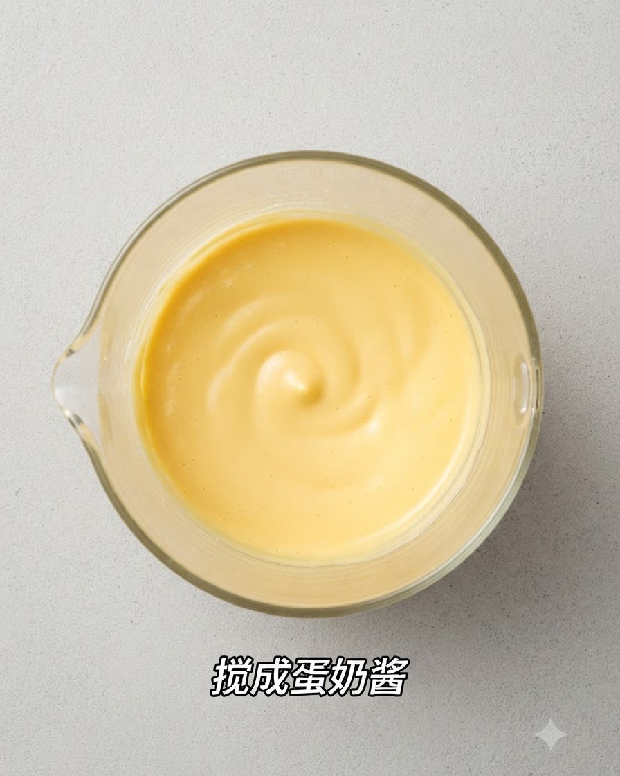 A smooth, rich yellow egg and cheese sauce blended together inside a glass measuring cup, viewed from above.