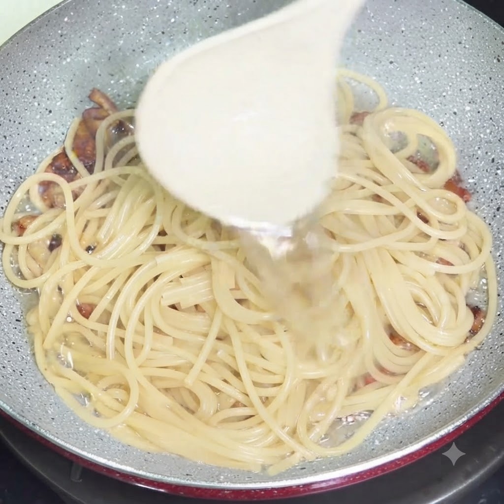A white ladle pouring starchy pasta water into a skillet filled with cooked spaghetti and crispy guanciale pieces.