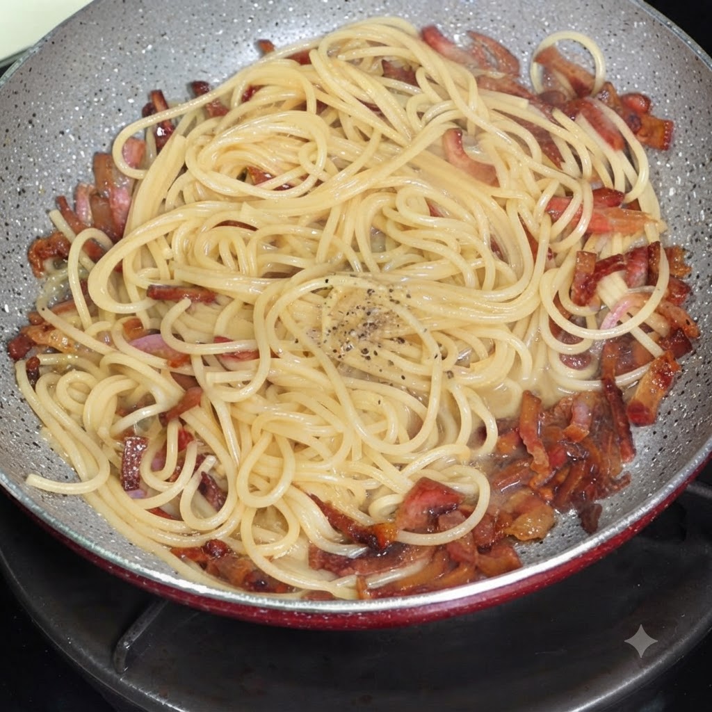 Black pepper and yellow egg-yolk cheese sauce sitting on top of spaghetti in a pan.