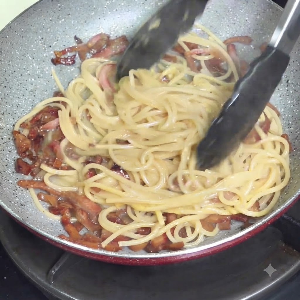 Tongs mixing spaghetti and sauce in a pan off the burner to create a creamy texture.