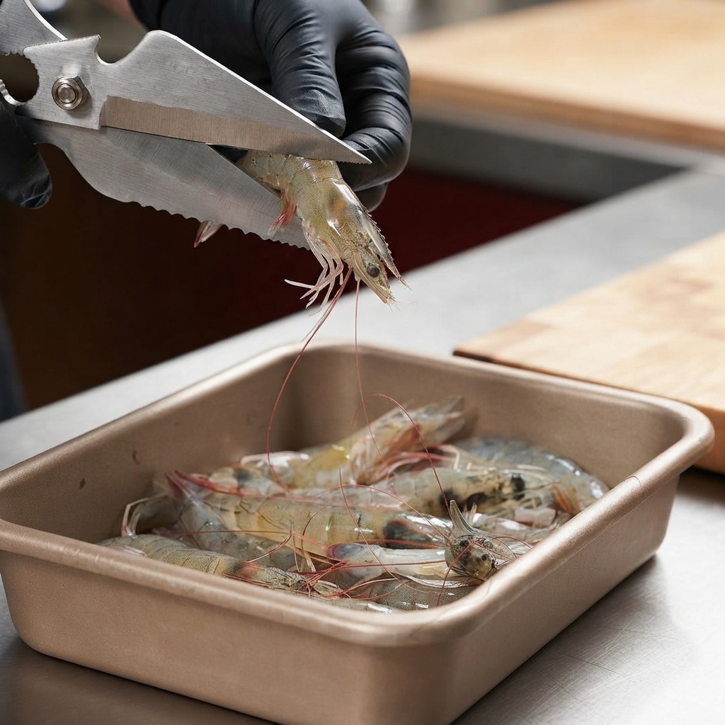 Kitchen shears cutting the head off a raw shrimp above a bronze tray of shrimp.